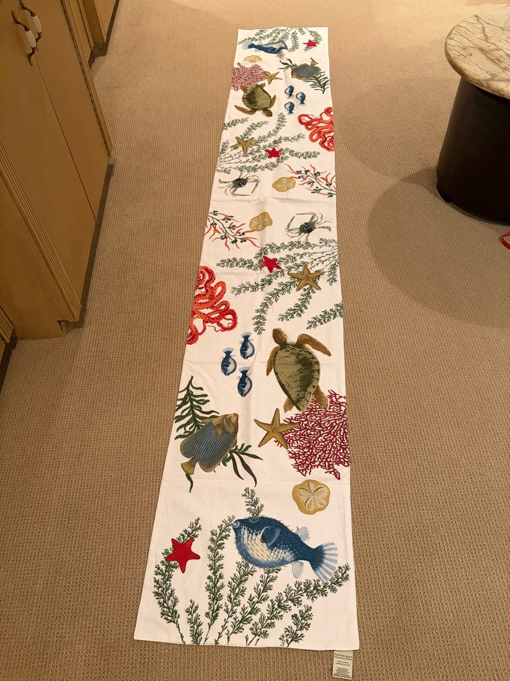 Pottery Barn Seashell & Marine Life Table Runner in Blue, Green, Red 108” long.